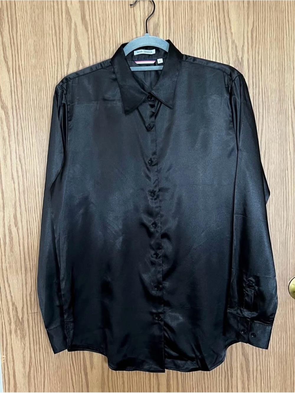 Women’s Black Satin Button-Up Blouse - Classic Collared Top - Picture 3 of 7